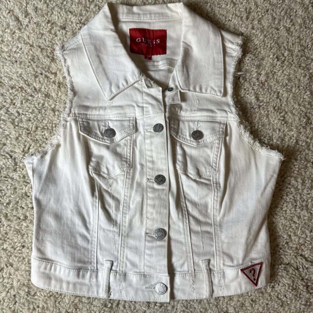 Guess Los Angeles Women's Distressed White Denim Jean Sleeveless Vest Small